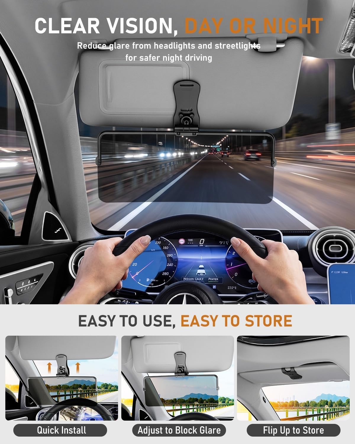Reluma visor extender reducing headlight glare during night driving, plus quick install and flip-up storage